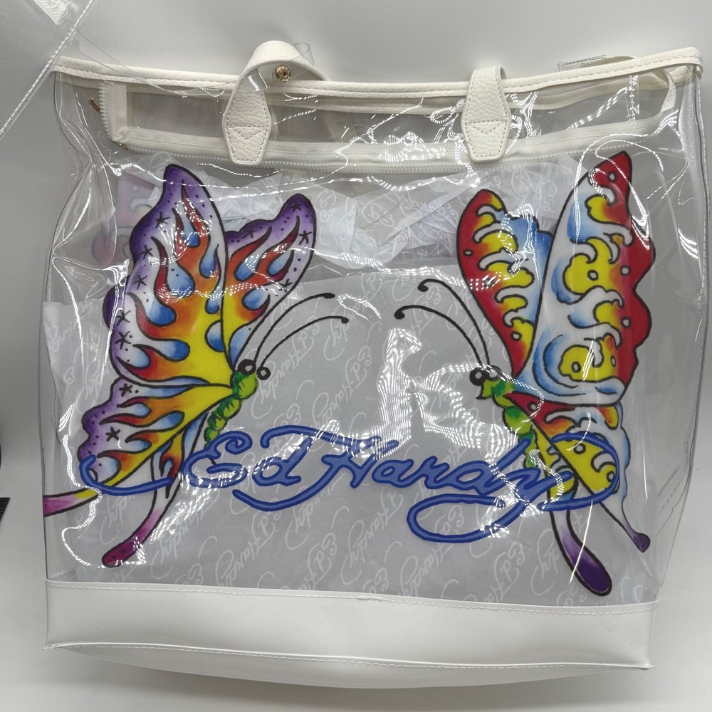 Ed Hardy Purple‎ Butterfly PVC Tote Bag Clear White Trim Handles $159 retail